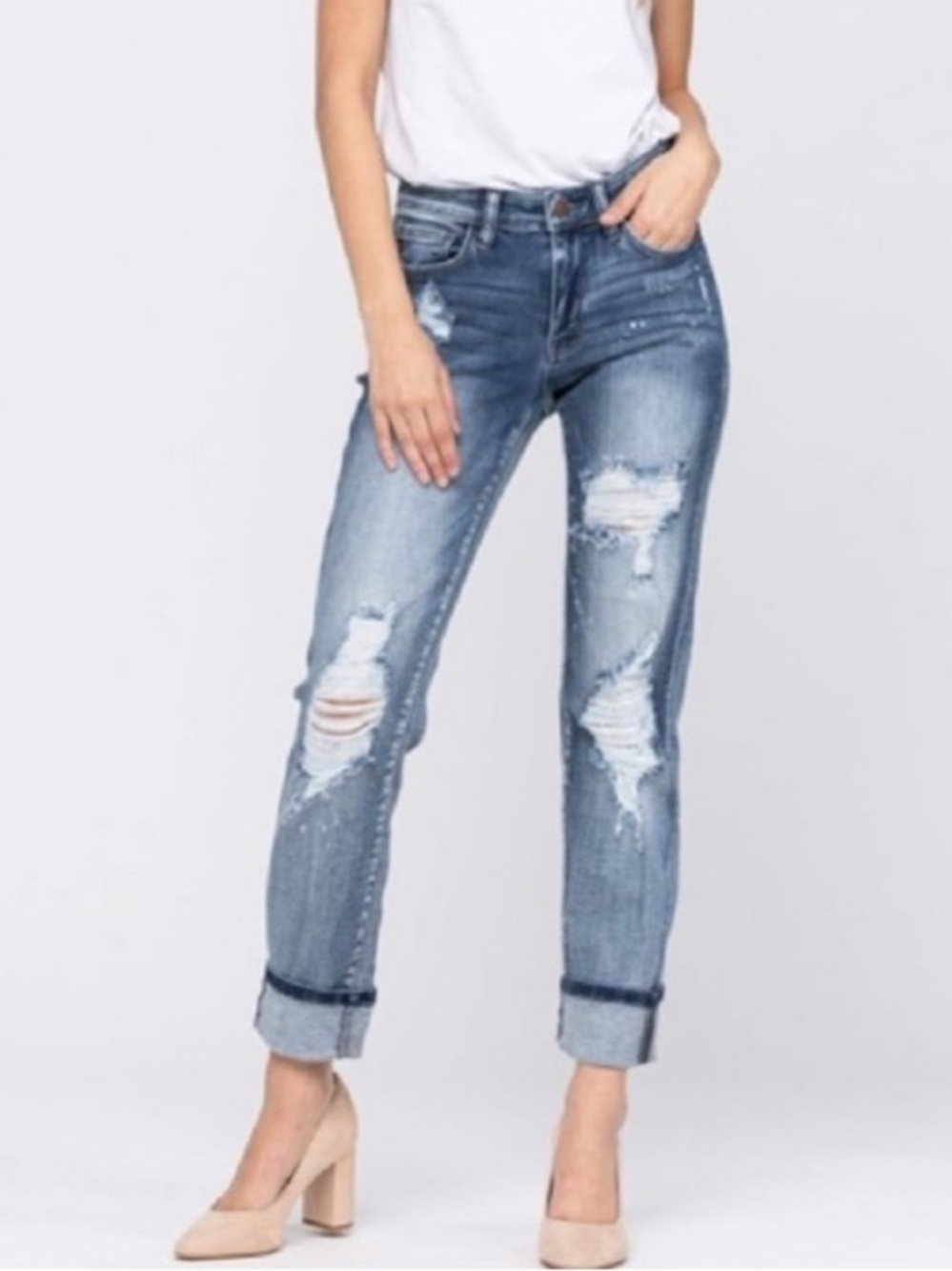 Judy Blue Bleach Splatter Destroyed Boyfriend Jeans JB82169LT Size 13/31